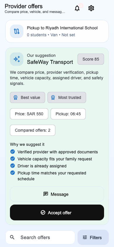 School transportation provider offer comparison screen