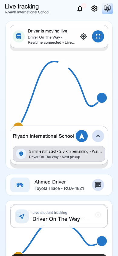 Live tracking: Trip progress, available location, and student updates