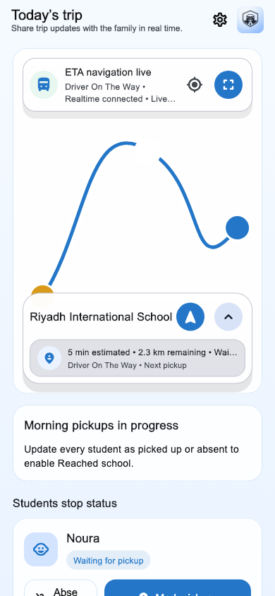 Driver trip: Live route, navigation context, and student stops